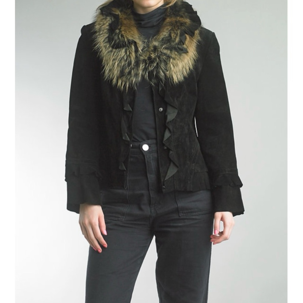 Chaarm Coat | Designer Diana Rosh | Black Suede w/ Fox Fur Collar | Retail $360